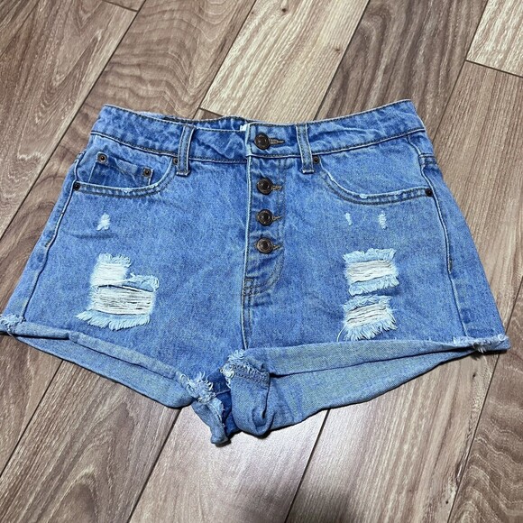 Forever 21 Distressed Jean Shorts Size 25 Button Fly Y2K Retro Denim Folded Hem - Picture 1 of 6